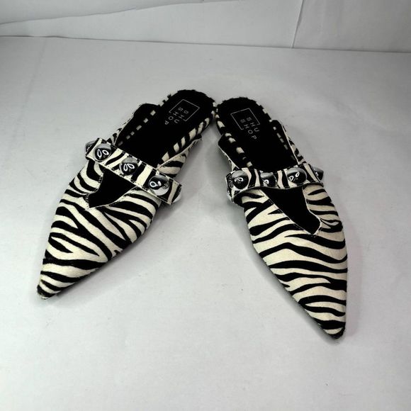 Shu Shop Alma Leather Zebra Hair Mules Ballerina Silver Pointed Toe Womens - Picture 3 of 10